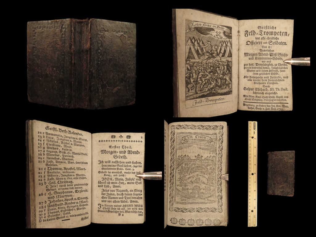 1785 erhard christian field trumpet bible spiritual warfare art angels demons | a rare, 18<sup>th</sup>-century german devotional by caspar erhard. ‘<em>christian field trumpets’</em> is an important collection of german prayers and liturgies consisting of prayers for evening mass, confession, communion; as well as prayers on the suffering of christ, prayers to the holy virgin, <strong>all meant to encourage and empower christians ‘soldiers’ through the lens of spiritual warfare. </strong>