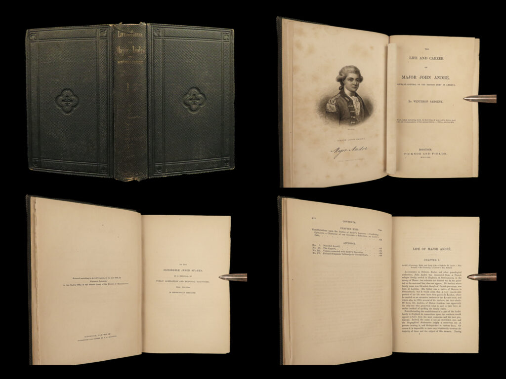 1861 1ed revolutionary war spy life john andre benedict arnold england america | <em> </em> <strong><u>“the best biography of john andre! ”</u></strong> (larned)   john andré was an 18<sup>th</sup>-century major in the british army known for his involvement in espionage in the revolutionary war. His relationship with benedict arnold became his demise, as he was hanged for his actions. Author winthrop sargent published a popular account of the life and military career of andre, with special attention paid to his time in america, curiously holding andre in high regard.   larned notes of this work: “this is the best biography of the ‘the unfortunate andre’, written in the later spirit of regret which most americans feel for his executions. The justice of the sentence is widely reviewed and various commentators quoted. The style of treatment is florid and the view-point extreme in andre’s favor. The appendix contains some information concerning the later life of benedict arnold. ”