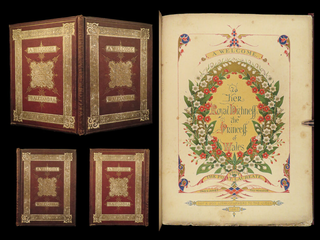 1863 beautiful 1ed lord tennyson poem to princess alexandra denmark & wales | alfred lord tennyson was one of the most iconic and famous english poets during the 19<sup>th</sup>-century. While chiefly remembered for “<em>idylls of the king</em>”, and other fantastical poems and sonnets, he published a greeting poem for princess alexandra of denmark which was <strong>beautifully illluminated by owen jones</strong>. Each page of this book is printed in beautiful, stunning color.