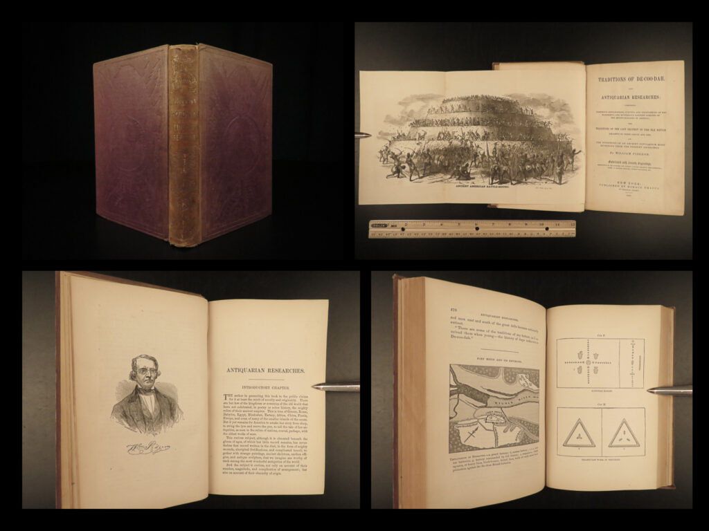 1858 traditions of dee-coo-dah native american indian mounds illustrated pidgeon | <em>“traditions of dee-coo-dah”</em> is general history of the lost native american indian tribes of northern mississippi and the ruins they left. He claimed to have discovered a network of symbols used by an ancient race of native americans called the ‘dee-coo-dah. ’   even though the events described in ‘<em>traditions’</em> are disputed, the content is highly desirable and helps develop the legends of 19<sup>th</sup>-century north american indian tribes. According to sabin, this book is “a record of personal examination of a great number of ancient mounds and fortifications, and of the traditions regarding them, obtained from an aged sioux chief…<strong><u>the numerous plates afford very clear illustrations of many remains of indian structures. ”</u></strong>