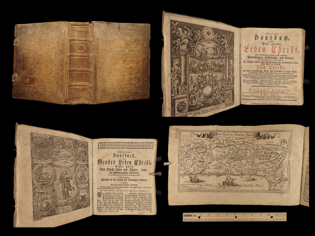 1782 holy land maps jerusalem erhard christian hausbuch german bible devotional | a rare, large 18<sup>th</sup>-century german devotional by caspar erhard. ‘<em>christian housebook’</em> is an important historical account of the life of jesus christ, supplemented with prayers, bible stories and commentary, scripture explanations and references. This work <strong>contains incredible, full-page engravings including a double-paged city view of jerusalem! </strong>  