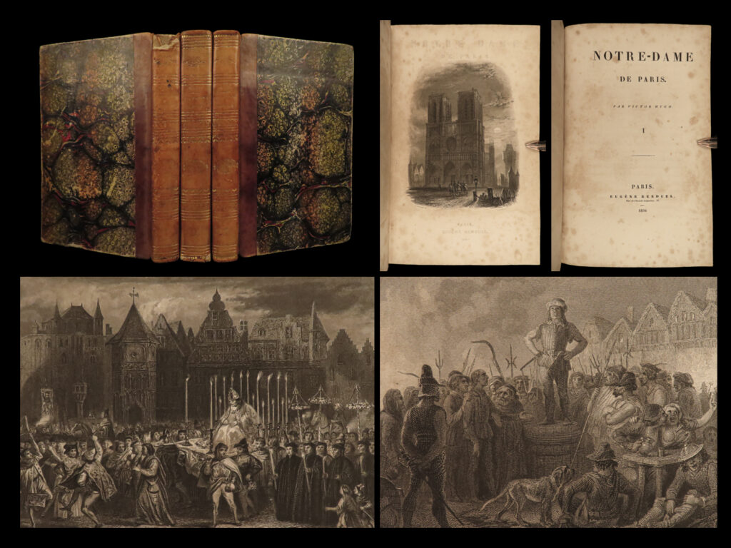 1836 hunchback of notre dame 1st ed victor hugo french literature illustrated 3v | <em>“nothing makes a man so adventurous as an empty pocket. ” </em> ― victor hugo,<em> the hunchback of notre dame</em> <em> </em> the best-known and oft-considered greatest french writer is unarguably victor hugo. His romance novels and stories have withstood the test of language and time. One of hugo’s most popular stories is ‘<em>the hunchback of notre dame</em>’; a tale of a gypsy who catches the hearts of men including a hunchback named quasimodo. This work has been transformed into dozens of stage, film, and television adaptations.   this 1836 three-volume, <strong>first illustrated edition</strong> includes 12 steel engravings and is considered to be ‘more readable’ than the one-volume edition of the same year.  