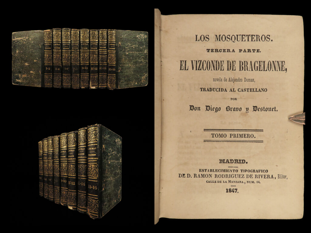 1847 three musketeers alexandre dumas spanish madrid mosqueteros 8v literature | <em>“all for one and one for all! ” </em> – dumas, <em>the three musketeers</em> <em> </em> french writer alexandre dumas provided some of the greatest literature of the late-19th-century. His work has been translated into nearly 100 languages! Titles such as “<em>the count of monte cristo</em>” and “<em>the three musketeers</em>” have gained timeless popularity. ‘<em>three musketeers</em>’ is one of the most popular historical novels written in the french language; a story that follows the adventures of four inseparable musketeers who involve themselves in various 17<sup>th</sup>-century french political affairs. <em> </em> this 1847 spanish edition encompasses the third part of ‘<em>musketeers’</em> entitled “<em>the vicomte of bragelonne</em>” and was published in madrid by ramon rodriguez de rivera.