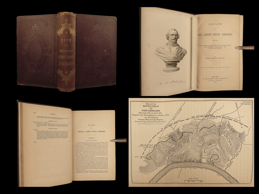 1878 confederate 1ed life of general albert sidney johnston us civil war texas | “<em>the life of gen. Albert sidney johnston</em>” by william preston johnston is a biography covering the military career of albert sidney johnston, an american general who served in the united states, republic of texas, and confederate states armies. The author, johnston’s son, utilized the access he had to general johnston’s personal papers and received assistance from various friends and colleagues in order to provide an accurate and comprehensive account of his father’s life and contributions. General johnston participated in several notable events, including the mexican-american war and the american civil war. He was a highly respected military figure, praised by confederate president jefferson davis, and interestingly was the highest-ranking officer killed-in-action during the civil war.   in 1878, a life of johnston was published, outlining the major events in the general’s life. According to eicher, this work “…<em>highlights johnston’s early life, career in the black hawk war, days at jefferson barracks, the texas revolution, the mexican war years, and the his role in the mormon rebellion. The work attacks grant and confederates in dispute with johnston. It remains <strong><u>valuable for its discussion of the general’s antebellum life and for personal anecdotes</u></strong>. ”</em>   <strong>this is 1878 first edition, first printing is highly rare and contains numerous engraved plates and in-text maps that help bring to life the fascinating yet harsh realities of 19<sup>th</sup>-century warfare for the reader! </strong>