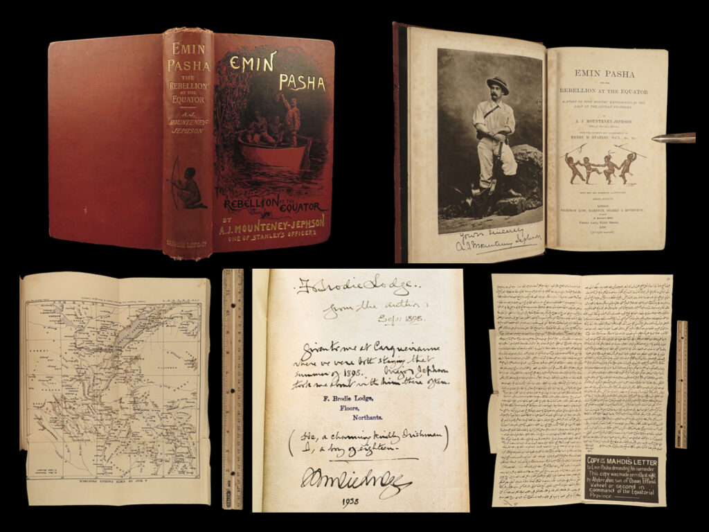 1890 author’s inscription emin pasha african exploration sudan rebellion stanley | “<em>emin pasha and the rebellion at the equator</em>” is a compelling work of historical narration authored by arthur jermy mounteney-jephson, with the cooperation and revisions of henry morton stanley. The book is a vivid recounting of jephson’s nine-month journey within the last provinces of the sudan, a period characterized by rebellion, hardship, and unrelenting resilience. <strong>this specific copy includes the author’s inscription! </strong>