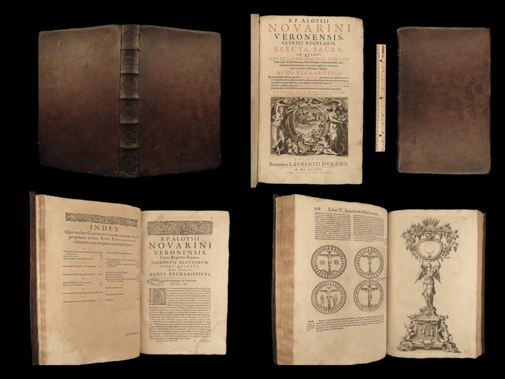 1638 electra sacra novarini eucharist crests crucifixes catholic sacraments illustrated | a rare, 17<sup>th</sup>-century work of catholic theology by luigi novarini, a 17<sup>th</sup>-century italian theologian and commentator. Little is known of his life and work; though his book “<em>electra sacra</em>” became a widely-read and important theological treatise on the expectations of the ‘holy chosen’ or the church clergy. This book describes the implementation of the sacraments, rites, catholic figures, biblical mysteries, offering sacrifices, temples, altars, and so much more.   though, the draw of this book is the impressive, full-page engravings of eucharist crests, many with crucifixes and ihs designs.