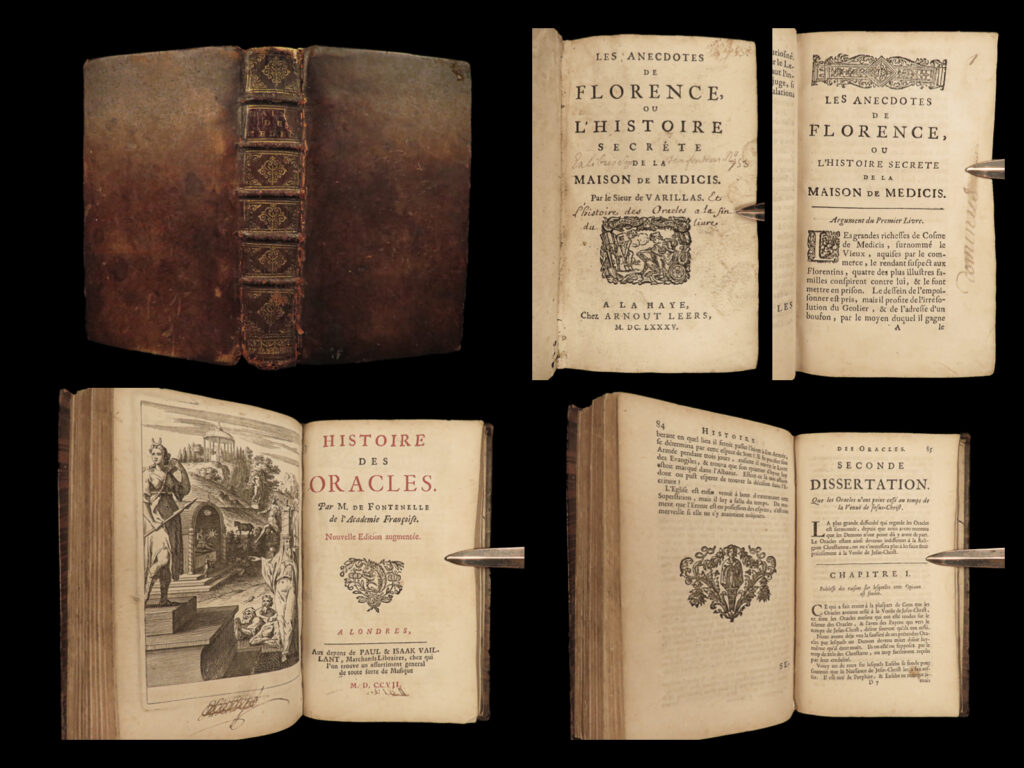 1685 medici secrets 1ed florence renaissance italy + fontenelle oracles occult | antoine varillas was a french historiographer who is remembered for his numerous historical accounts of european royals and noble families. Perhaps his most important book was his ‘<em>anecdotes of florence</em>’, a history of the secrets of the house of medici and their influence in florence.   this 1685 first edition of varillas is bound with a 1707 printing of bernard de fontenelle’s “<em>history of oracles</em>”. First published in 1687, this book was written with significant controversy focusing primarily on the supernatural abilities of oracles both before and after the birth of jesus.