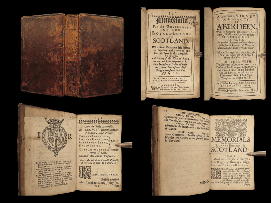 1685 scotland 1ed royal burghs alexander skene scottish government aberdeen | alexander skene’s “<em>memorials of the royal burghs in scotland</em>” is a rare, 17<sup>th</sup>-century history of the scottish royal municipalities established by the royal crown. Royal burghs had been utilized in scotland and northern england since the 12<sup>th</sup>-century and skene’s “<em>memorials</em>” is easily the most important and thorough history of the royal burgh tradition in scotland.   in addition to discussing the matters of scottish royalty, this 1685 first and only edition covers scottish government, public services, trade and commerce, all with a sense of scottish patriotism and national pride. It also contains a survey of the city of aberdeen