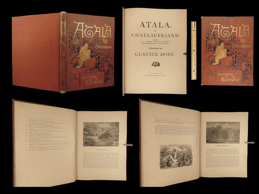 1887 atala chateaubriand gustave doré romance tragedy natchez indians chactas | “<em>atala</em>,” by françois-rené vicomte de chateaubriand, is a 19<sup>th</sup>-century romantic novella set in early colonial north america. It tells the tragic love story of atala, a christian natchez indian, and chactas, a young native american from a different tribe. The story explores themes of love, religion, and the conflict between civilization and nature.   this folio edition, translated by james spence harry, features 30 striking illustrations by renowned artist gustave doré, who captures the dramatic and emotive scenes from the story with his intricate and evocative engravings. Doré’s illustrations bring the characters, landscapes, and pivotal moments of chateaubriand’s tale to life, adding depth and visual appeal to this classic work of french literature.