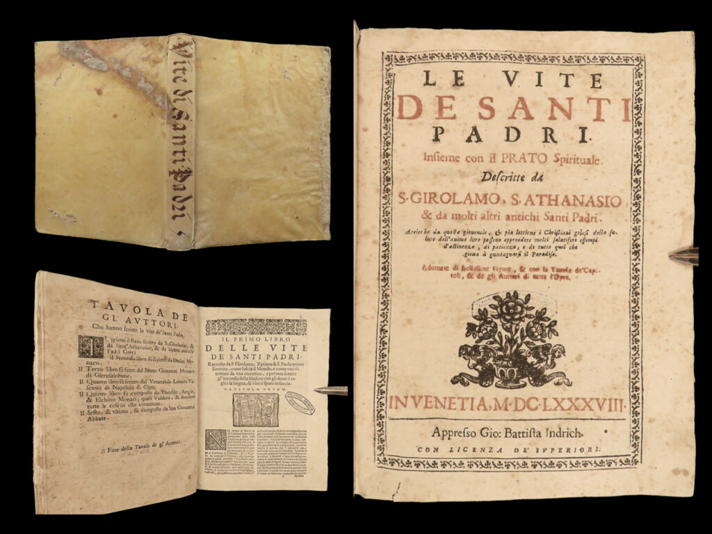 1688 lives of saints anthony serapion martin of tours eustace bible woodcuts |   an impressive, 17<sup>th</sup>-century survey of the lives, ministries, and martyrdom of the saints. Published in 1688, this italian work offers descriptions of the most famous saints including: <ul> <li>fathers of monaco <ul> <li>saint anthony the great</li> <li>saint apollo</li> </ul> </li> <li>saint eustace</li> <li>fathers and saints of naples and cyprus <ul> <li>disciples of alessandrino</li> </ul> </li> <li>saint theodora</li> <li>saint serapion</li> <li>saint martin, bishop of tours</li> </ul>   this work contains numerous in-text woodcut engravings.