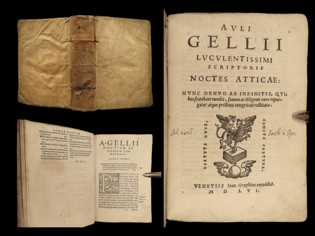 1556 greek attic nights noctes atticae rome philosophy aulus gellius greece | <em>“truth is the daughter of time”</em> ― aulus gellius,<em> noctes atticae, xii </em>   a very rare and beautiful edition of aulus gellius’ ‘<em>attic nights’</em>. This book was a compilation of notes and shorter essays on grammar, philosophy, history, and antiquities which offer a glimpse into the cultures of both greek and roman life and society. Gellius began the work while he was living in attica, greece, but concluded the work in rome. The rather disjunct contents include gellius’s observations and <strong>unusual interests</strong> found in books or overheard in conversation.   this 1556 edition was published by gryphius in venice.