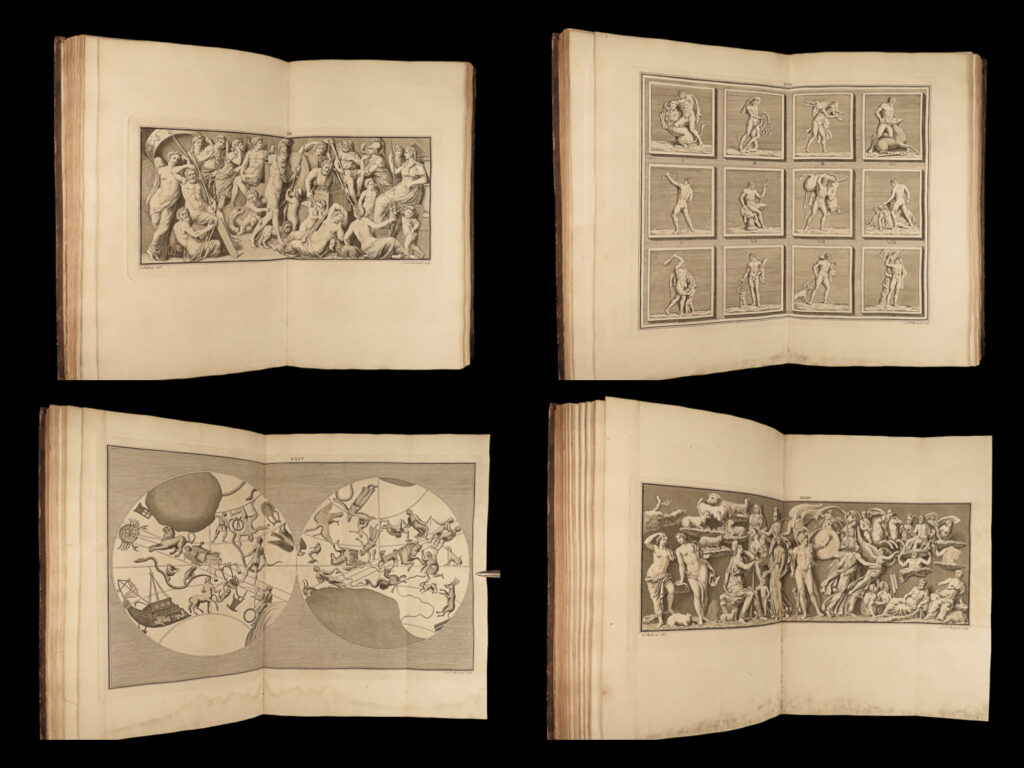 1747 english 1ed polymetis by spence folio greco-roman art mythology philosophy | joseph spence was an 18<sup>th</sup>-century english historian known for his anecdotal essays and translations. One of his most important works was “<em>polymetis</em>” – a collection of full-page engravings of ancient greek and roman art paired with dialogues over the works of art themselves. Each of the dialogues and engravings describe: <ul> <li>various mythological figures <ul> <li>jupiter, medusa, minerva, cupid, hercules, apollo, mercury,</li> </ul> </li> <li>the rise and fall of roman art</li> <li>the influence of greco-roman style on ‘modern’ artists</li> <li>allegorical poetry such as spencer’s “fairy queen”</li> <li>discussions on the philosophy of socrates</li> </ul>   this enormous 1747 first edition folio contains each of the expected full-page engravings. A truly remarkable piece!