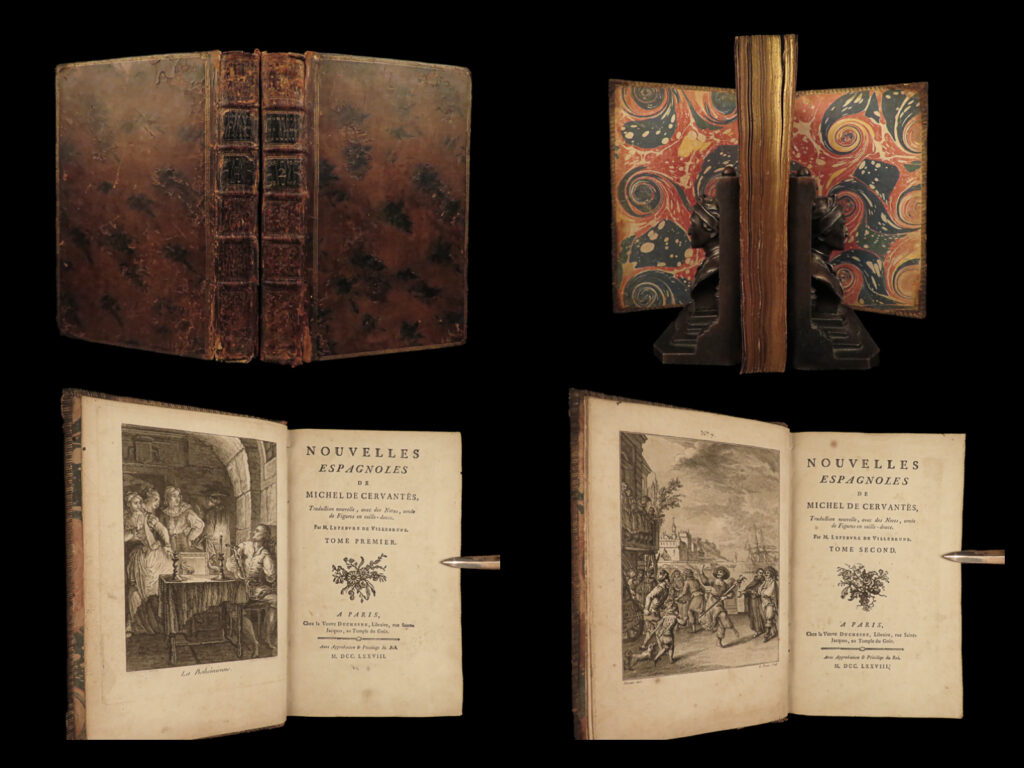 1778 spanish cervantes exemplary novels villebrune illustrated 2v set quixote | <em>“my genius and my inclination prompt me to this kind of writing; the more so as i consider (and with truth) that i am the first who has written novels in the spanish language, though many have hitherto appeared among us, all of them translated from foreign authors. But these are my own, neither imitated nor stolen from anyone; my genius has engendered them, my pen has brought them forth, and they are growing up in the arms of the press. ”</em> <em>― </em>miguel de cervantes, boasting of being the first to write novellas in spanish.   in 1613, when this collection of spanish novellas was first printed, they were the most popular novellas of the time. Many of cervantes’s novellas are still popular today, even though none of his work is as significant as ‘<em>don quixote</em>. ’ these short stories would inspire many english dramas especially middleton and fletcher. This rare french two-volume edition features ornate figures and illustrations by lefebvre de villebrune.
