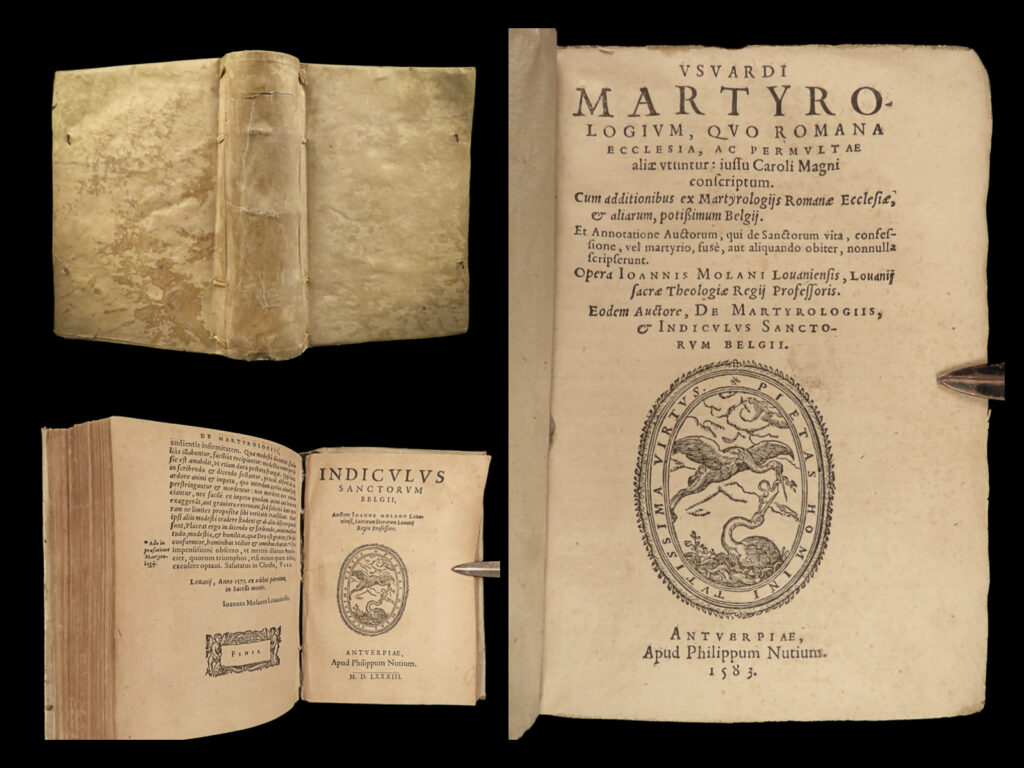 1583 1ed martyrology of monk usuard saint bede eusebius famed medieval martyrs | usuard was a 9<sup>th</sup>-century benedictine monk who is primarily remembered for his book “<em>martyrology</em>” – a work that was the <strong>most famous work of its kind through much of the middle ages. </strong> curiously, usuard, according to many of the earliest manuscripts, used the work of saint bede, florus of lyon, and saint ado and their studies into martyrs and saints. Notable figures covered in this work include eusebius, john the baptist, gregory the great, pope marcellus i, saint peter the apostle, saint stephen, and many others.   this 1583 edition was collected and edited by molanus, a 16<sup>th</sup>-century louvain theologian.