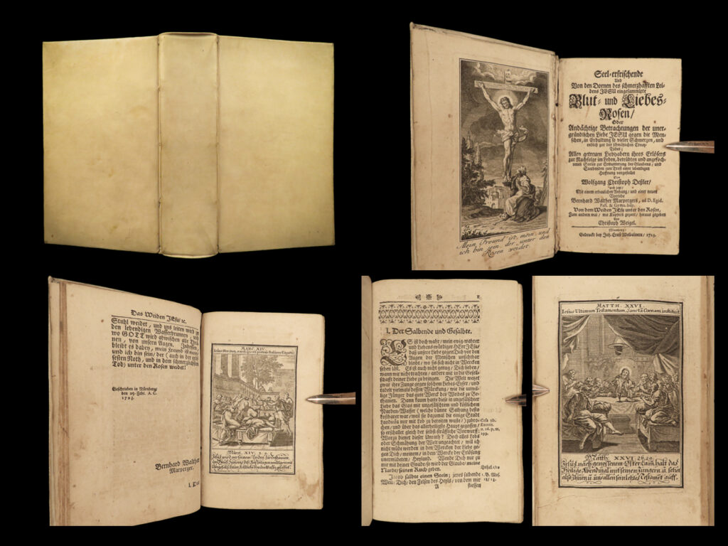 1723 dessler german bible devotional seel erfrischende prayer illustrated art | wolfgang dessler’s “<em>seel-erfrischende</em>” is a rare 18<sup>th</sup>-century german devotional filled with meditations and prayers. In addition to the 50 devotionals, this 1723 edition contains impressive, full-page engravings throughout – engravings illustrating new testament bible scenes and the life and ministry of jesus.  