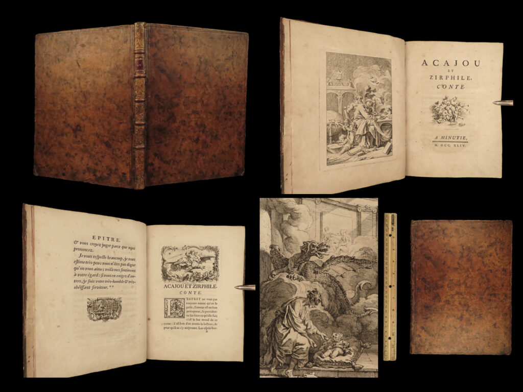 1744 1ed acajou & zirphile by charles duclos french lit boucher illustrated art | “<em>acajou and zirphile</em>” is a rare 18<sup>th</sup>-century french short story by charles duclos. First published in 1744, this work follows the story of an evil mastermind and his counterpart fairy who, together, attempt to prevent two young lovers from being together. This book was inspired by the art of francois boucher who actually contributed artwork for this work – nine incredible, full-page engravings!