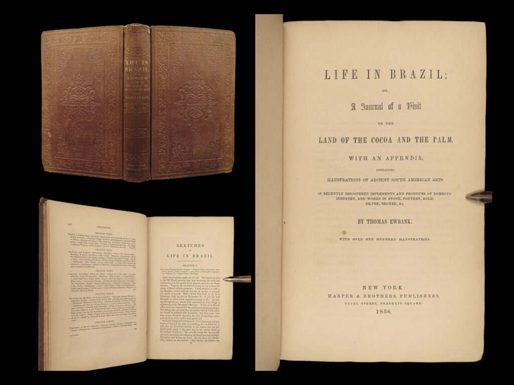 1856 1st ed life in brazil thomas ewbank south america sao paulo rio de janeiro | “<em>life in brazil</em>” is a detailed 19<sup>th</sup>-century account of thomas ewbank’s journey to brazil, where he explores the nation’s culture, arts, customs, and natural beauty. The book offers a vivid picture of brazilian society and serves as a window into the country’s way of life. Ewbank also delves into religious aspects, discussing the influence of roman catholicism on the brazilian people and its connection to ancient pagan practices. In addition to religious matters, ewbank covers various aspects of brazilian life, including arts, manners, customs, architecture, trades, tools, pottery, food, slavery, animals, agricultural products, climate, diseases, population, and antiquities. This diverse array of topics makes the book a comprehensive portrait of tropical life in brazil during the 19th century. This book remains relevant as the topics discussed are largely unchanged aspects of modern brazilian society.