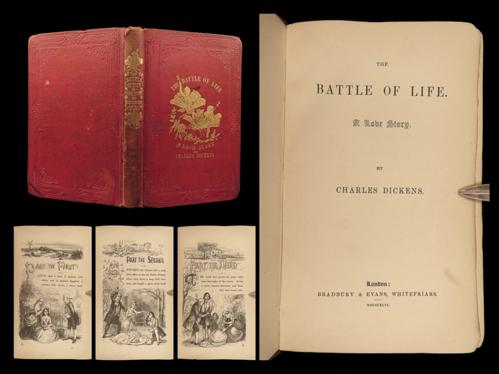 1846 charles dickens 1ed battle of life christmas love maclise leech doyle art | beginning with ‘<em>a christmas carol</em>’ in 1843, charles dickens wrote and published five christmas books for the holiday season. The fourth title in this series of novellas is ‘<em>the battle of life</em>. ’ curiously, this title is the sole non-religious title of the christmas book series. The story is one of strife, misguided perception, and the significance of both romantic and familial love. This work includes numerous charming illustrations throughout provided by the collective work of esteemed artists daniel maclise, richard doyle, john leech and clarkson stanfield.