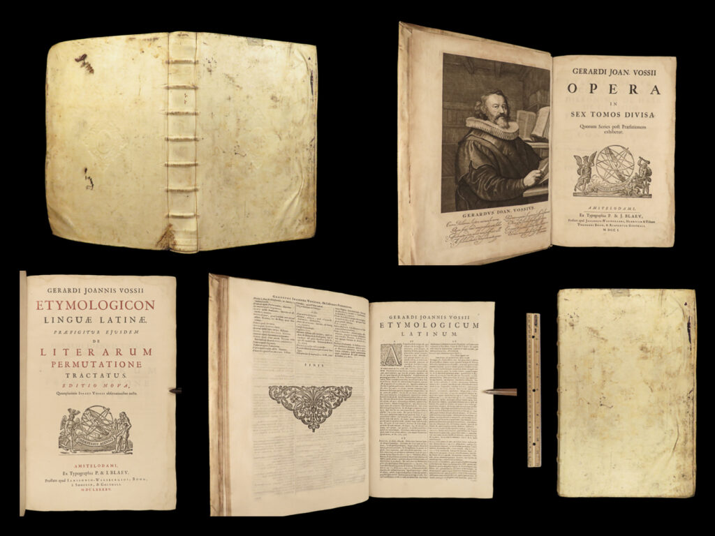 1685 vossius etymologicum latin language etymology dictionary vellum folio | gerardus vossius was a 16<sup>th</sup>-century dutch classical theologian known for being one of the first to treat theological dogmas and non-christian religions from a historical point of view, rather than the more accepted theological. His works of rhetoric were widely popular and were used as textbooks during and after his lifetime. He followed aristotelian thought and was influenced not only by aristotle, but also by cicero and other ancient philosophers.   vossius’s “<em>etymologicum</em>” was a lengthy latin language study, gathered and edited as a dictionary. This 1685 edition was published as part of the complete works of vossius, printed in amsterdam by blaeu.