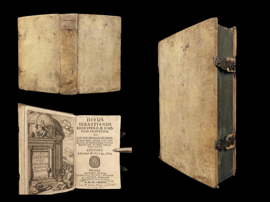 1688 saint sebastian 1ed ebersberg martyr widl philosophy vellum clasp binding | adam widl was a 17<sup>th</sup>-century jesuit philosopher and writer of whom little else is known. However, he did publish one known work “<em>divus sebastianus eberspergae boiorum propitius</em>” – commentary on the life, ministry, and martyrdom of saint sebastian of ebersberg. Widl offers not only historical perspectives on sebastian’s life but on his influence on christianity. One particular chapter of this book focuses solely the worship of saint sebastian throughout the christian world.