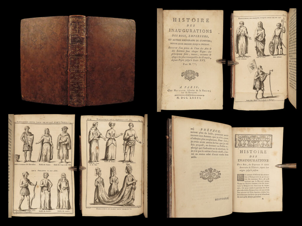 1776 kings history of inaugurations france louis xiv costume salivet peru rare |   ‘<em>history of inaugurations of kings’</em> is a rare, 18<sup>th</sup>-century account of inauguration ceremonies of royalty from around the world. Written by louis georges salivet, this work describes royal events from beginning in the middle ages through the mid-1700s including constantinople, peru and the kingdom of cusco, and france. Notable ceremonies include the inauguration of charles vi, and many other french kings, including, perhaps most importantly, louis xiv. Note that this 1776 edition includes impressive, full-page engravings depicting views of costume and clothing from inaugurations.