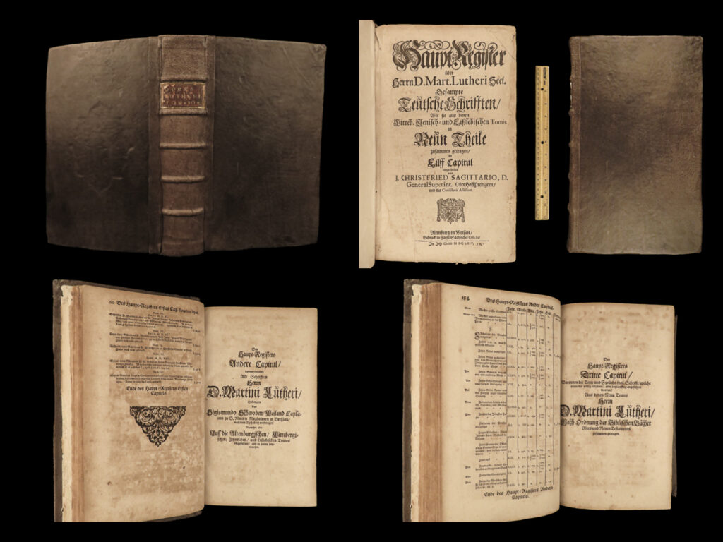 1664 martin luther life works lutheran german sagittarius saxony altenburg folio | johann christfried sagittarius was a 17<sup>th</sup>-century lutheran theologian from germany. He is chiefly remembered for his book, “<em>haupt register uber martin luther</em>”, a collection of the works of luther. He studied the life, work, and ministry of martin luther profusely and published his own writings on luther. This book, part of the collected works of luther, was published in saxony-altenburg, where sagittarius organized the educational and church systems.