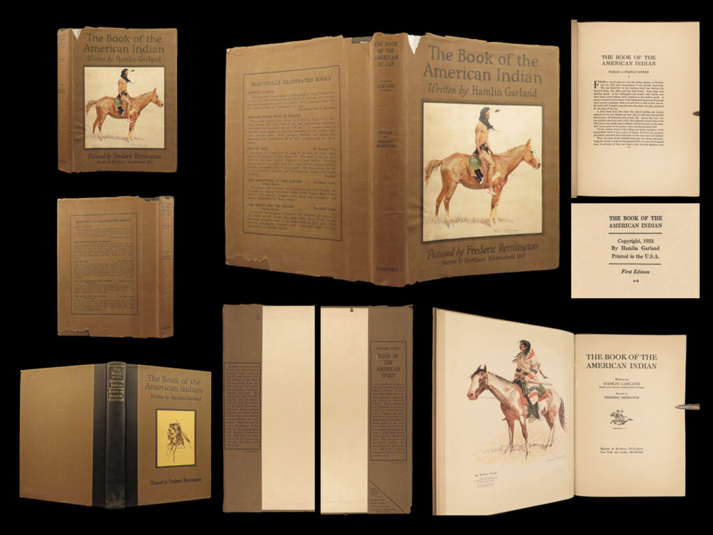 1923 frederic remington art 1st/1st american indian sioux warriors garland | a rare first edition, first printing of hamlin garland’s ‘<em>book of the american indian</em>. ’ this work is a collection of short stories and memoirs about native americans, their customs and cultures, military tactics, and much more. It features sketches and artwork of esteemed american painter, frederic remington.  