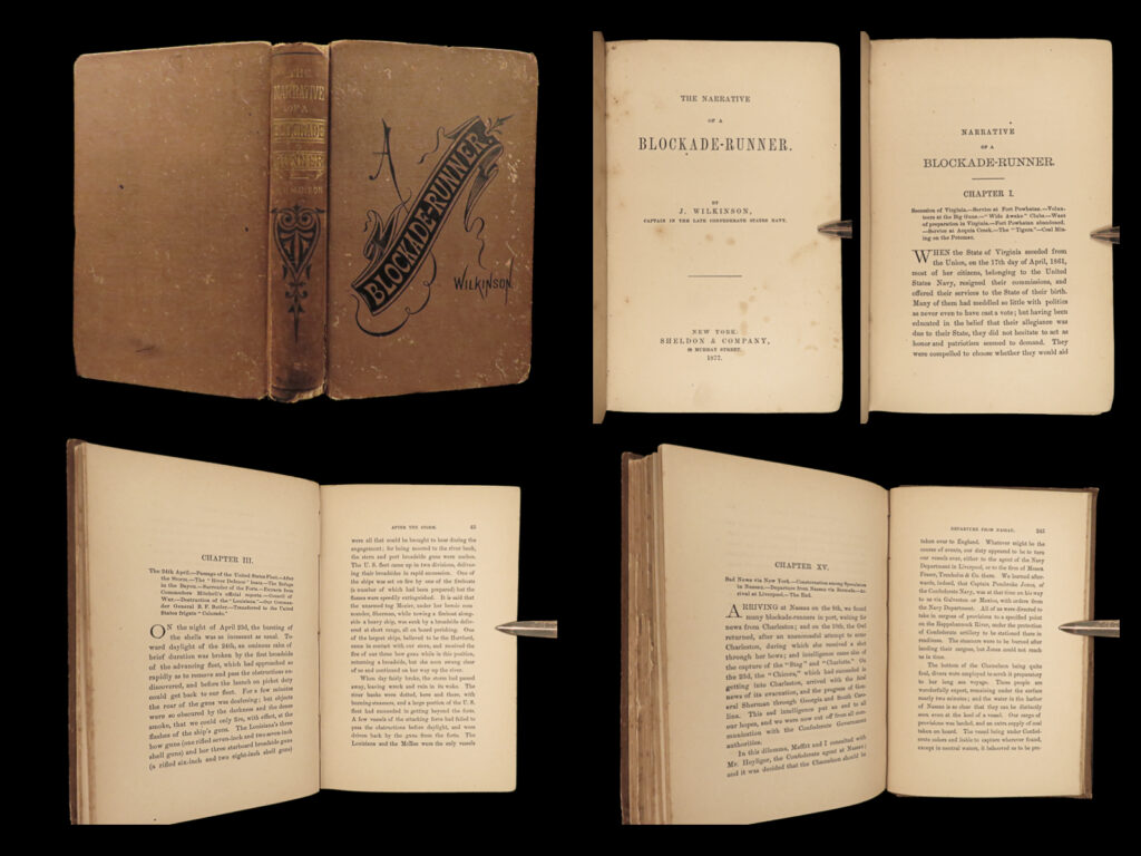 1877 confederate csn capt wilkinson 1ed narrative of blockade-runner civil war |   confederate naval captain john wilkinson’s “<em>the narrative of a blockade-runner</em>” is a fascinating 19th-century first-hand account that provides a detailed narrative on blockade-running during the american civil war. In addition to chronicling the experiences of smuggling goods through the union’s naval blockade, the book also offers insights into significant events such as the controversial capture of new orleans. Through access to previously unpublished documents, wilkinson presents a fresh perspective on these historical events. The book aimed to contribute to a better understanding of the war and to promote dialogue between the north and south.   this 1877 first edition, first printing is significantly rare with only <strong><u>one</u></strong> other copy recorded across library archives worldwide.