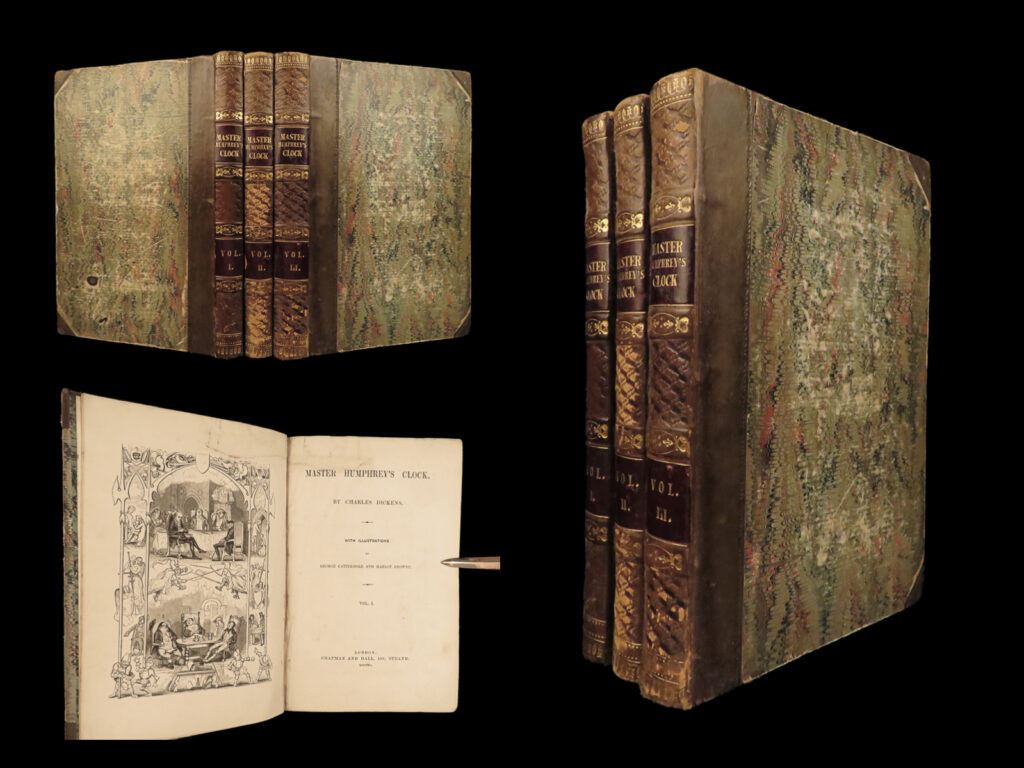 1840 charles dickens 1ed master humphrey’s clock first book form in 3v classic | <em>“there is nothing in the world so irresistibly contagious as laughter and good humor. ” </em> ― charles dickens <em> </em> charles dickens was regarded as the literary colossus of his age. His 1843 novella, a christmas carol, remains popular and continues to inspire adaptations in every artistic genre. One of his lesser-known works was ‘<em>master humphrey’s clock’</em>, a work which follows humphrey and the stories he and mr. Pickwick tell. The parts of this work were released in short segments weekly in periodicals in london. It first appeared in complete book form in 1840 by chapman and hall.