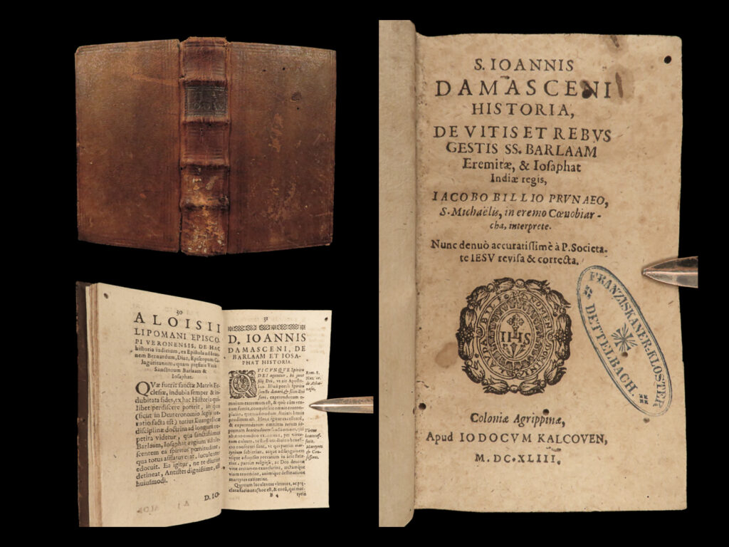 1643 1ed barlaam & josaphat martyrs buddha john of damascus syria buddhism billy | jacques de billy de prunay was a 16<sup>th</sup>-century benedictine monk and historian who wrote a rather unique history of the lives and ministries of saint john of damascus and saint barlaam and josaphat. The story of barlaam and josaphat has long been associated with legend of buddha, conversions to christianity, and early sanskrit history. 17<sup>th</sup>-century printings of any barlaam and josaphat story are rare and desirable, and this 1643 edition from billy de prunay is no exception.