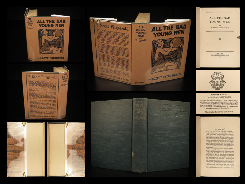 1926 f. Scott fitzgerald 1st/1st all the sad young men gatsby jazz age america | “<em>all the sad young men</em>” is a collection by f. Scott fitzgerald that delves into themes of youth, love, disillusionment, and the pursuit of the american dream. The stories feature fitzgerald’s trademark portrayal of the jazz age, filled with characters struggling with societal expectations, personal ambitions, and the harsh realities of life. They are often grappling with their place in a rapidly changing society, ultimately leading to a poignant exploration of hope, despair, and the tragedy of unfulfilled dreams.