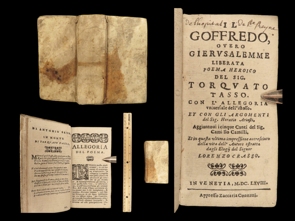 1668 crusades torquato tasso jerusalem delivered italian venice conzatti camilli |   <em>“all he regarded; but in syria most, </em> <em>he mark'd the leaders of the christian host: </em> <em>that eye, whose penetrating glances dart </em> <em>to each deep secret of the human heart” </em> – torquato tasso, <em>jerusalem delivered,</em> canto i <em> </em> originally written in 1575, torquato tasso’s famous “<em>jerusalem delivered</em>” tells a mythical story of the first crusade complete with christian knights battling muslim warriors. This 1668 italian edition was published in venice by zaccaria conzatti. It also features commentary and extended cantos by camillo camilli, as well as a life of tasso by lorenzo crasso.  