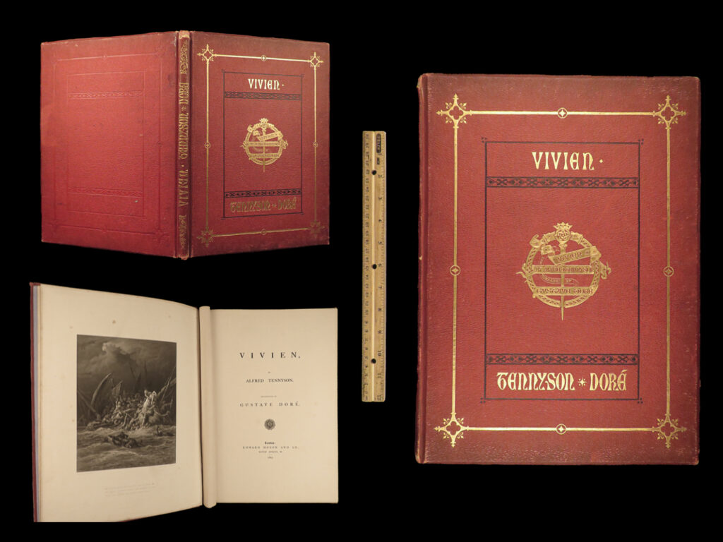 1867 1ed vivien alfred tennyson gustave doré idylls of the king arthur guinevere | vivien was one of the preeminent characters in arthurian legend, alongside figures such as elaine, enid, guinevere, sir lancelot, merlin, and king arthur himself. She most prominently appears in thomas malory’s “<em>death of arthur</em>” but also appears in alfred tennyson’s “<em>idylls of the king</em>”.   this 1867 first edition of tennyson’s portrayal of vivien was published by edward moxon and includes the highly desirable artwork of gustave doré.