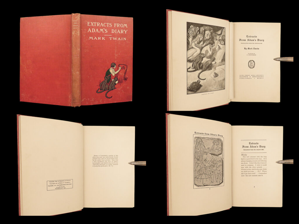 1904 mark twain 1st ed adam's diary fall of man creation illustrated satire | <em>“wheresoever she was, there was eden. ” </em> <em>– </em>mark twain, <em>diaries of adam and eve</em> <em> </em> mark twain’s ‘<em>diaries of adam and eve’</em> are first-person memoirs that follow along from the beginning of creation, getting to know each other, and their final days on earth after ‘the fall’.   ‘<em>adam’s diary’</em>, first published in 1904, was twain’s comedic and satirical take on the book of genesis. It was filled with illustrations by strothmann; however, most of them were considered pornographic in nature when it was first published in the united states.