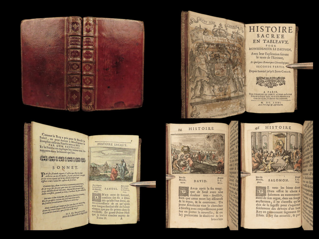 1670 bible history + commentary de brianville illustrated biblical art scenes 2v | orance fine de brianville was a 17<sup>th</sup>-century bible historian of whom very little is known; however, he left behind an interesting history of the bible with remarks and commentary organized chronologically. “<em>histoire sacrée en tableaux</em>” is notable, not just as a fine bible commentary, but for the impressive, in-text woodcut engravings throughout. In fact, the dozens of illustrations in this 1670 are unique views of famous bible scenes!