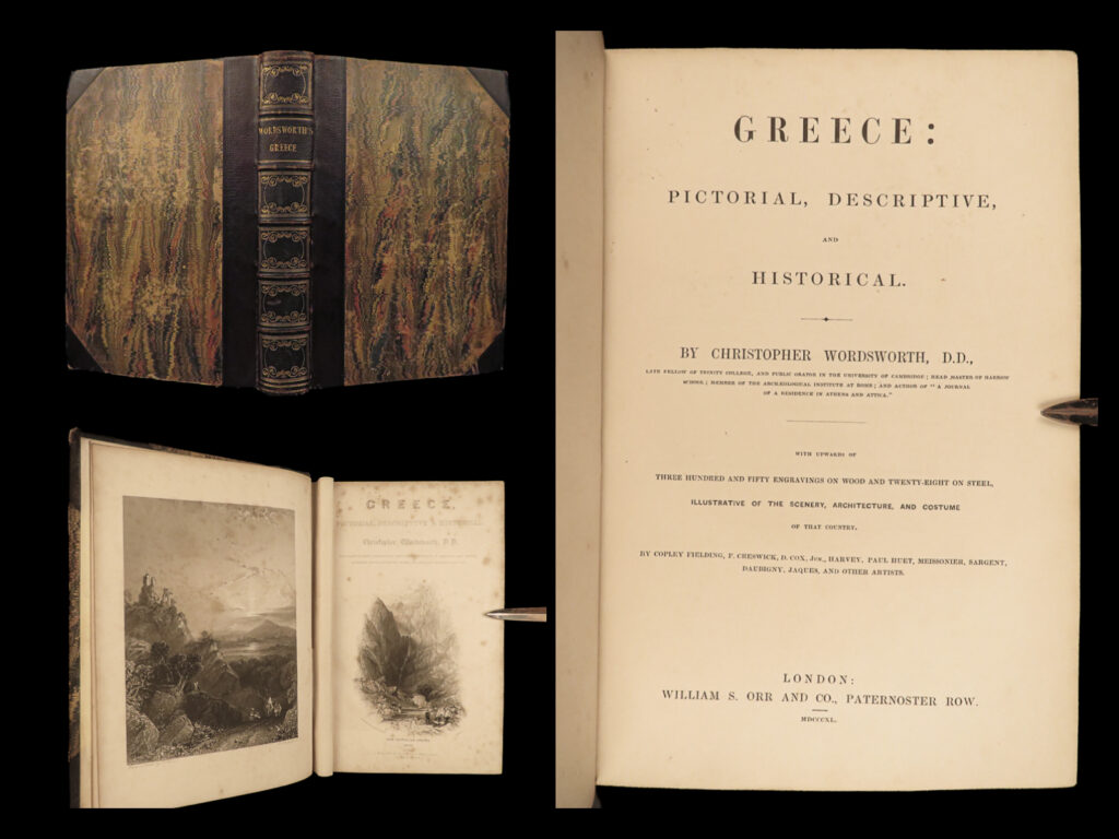 1840 greece athens beautiful fame greek art 375+ engravings wordsworth classical | “<em>greece: pictorial, descriptive, and historical</em>” by christopher wordsworth is an illustrative exploration of greece’s rich cultural and historical landscapes. The book brings to life the stunning scenery, distinctive architecture, and unique costume of the country through an impressive collection of more than 350 woodcut engravings and 28 steel-engraved illustrations. Contributing artists include copley fielding, f. Creswick, d. Cox jr. , harvey, paul huet, meissonier, sargent, daubigny, jaques, among others, adding a diverse range of artistic styles to the visual narrative.   in the preface, wordsworth draws a parallel between his work and emperor hadrian’s villa at tivoli. Just like hadrian built a villa to immortalize his memories of greece, replicating famous greek landmarks and landscapes, wordsworth has crafted this book to preserve his experiences and memories of the same country. His aim was to help readers build their own mental replicas of greece, evoking a sense of the country’s profound beauty and cultural heritage. By doing so, he aspired to provide a level of enjoyment that mirrors the pleasure the greek traveler felt while exploring the villa of hadrian. Therefore, his work serves not only as a comprehensive guide to greece but also as a vivid memoir of his personal encounters with this extraordinary land.