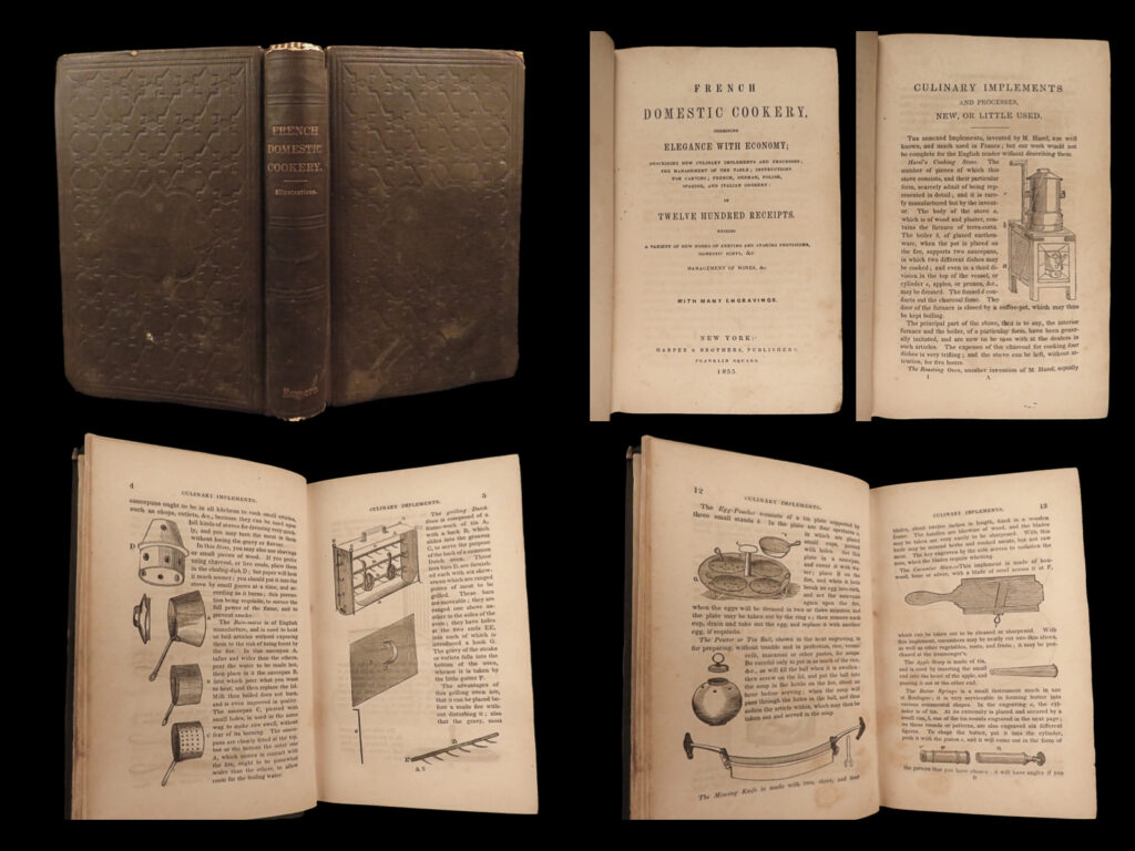 1855 cooking 1ed 1200 receipts french domestic cookery cuisine wine illustrated | “<em>french domestic cookery</em>” is a comprehensive cookbook that was first published in paris in 1818. The recipes are accompanied by detailed instructions and illustrations, as well as sections on the management of the table, instructions for carving, and a variety of domestic hints. Of particular interest is a chapter on the management of wines, which was a valuable asset at the time. The book has over 1,200 recipes, covering a wide range of french, german, polish, spanish, and italian dishes including: <ul> <li>salads</li> <li>soups</li> <li>domestic meats</li> <li>wild game</li> <li>vegetables</li> <li>sweets</li> <li>liqueurs</li> <li>and much more! </li> </ul>