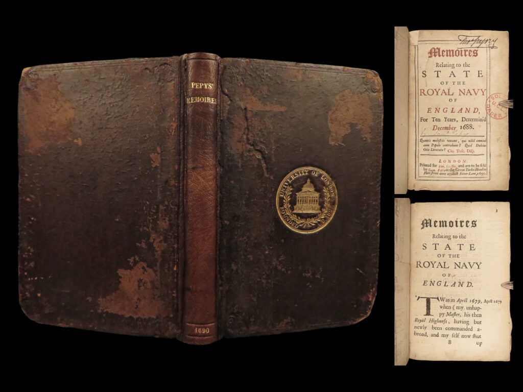 1690 samuel pepys 1ed state of royal navy of england glorious revolution ships | samuel pepys was a 17<sup>th</sup>-century english naval administrator and politician who is best-known for his diary. His diary was a daily journal account of his life, kept for nearly ten years. It is an important and thoroughly detailed account of pepys’s life as well as major british events and life in london from the second half of the 1600s.   interestingly, only one work of pepys was published during his lifetime. His ‘<em>state of the royal navy of england’</em> was published in 1690 and covers the state of the royal navy leading up to the glorious revolution and his demands for change. Notable topics include: <ul> <li>the naval interactions with commerce ships</li> <li>the costs of new ships in the navy</li> <li>methods of acquiring new ship hands</li> <li>how to ready ships</li> <li>and much more! </li> </ul>   pforzheimer says of this work: “upon this he lavished a great deal of thought and care. It represents a side of pepys’ life which is apt to be ignored. ”
