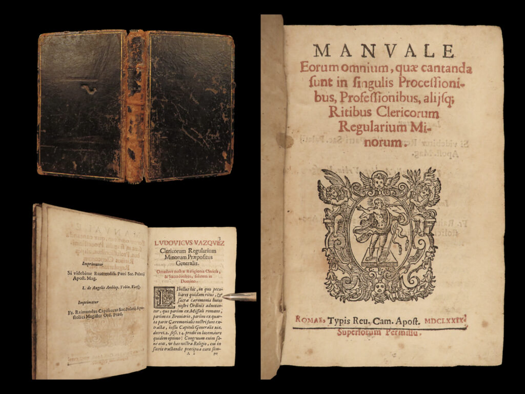 1679 1ed manuale eorum omnium catholic rites prayers + spanish epiphany vows | a rare and extremely rare 17<sup>th</sup>-century ceremonial manual!   “<em>manuale eorum omnium</em>” contains prayers, hymns, litanies to the holy virgin, antiphonal chants, instructions for observing the eucharist, psalms, dealing with excommunication, on the sacred conception, and so much more.   this work is quite obscure in that it does not appear in any reference or library catalogue, let alone auction records. At the end of this latin prayer book, published in rome, is a spanish appendix – “<em>appendix for the spanish on the renewal of vows on the eve of epiphany</em>”.  