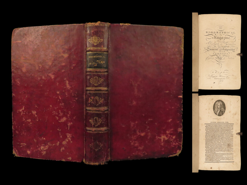 1794 fascinating 1ed biography 140 portraits columbus vinci milton swift newton |   a rare 1794 printing of “<em>the biographical magazine</em>” – a collection of short biographies of some of the most eminent figures of the western world. This volume features names such as francis bacon, christopher columbus, capt james cook, leonardo da vinci, francis drake, john milton, john locke, william shakespeare, voltaire, torquato tasso, jonathan swift, and many others. See photo of the contents for full list. Note that each entry features a small portrait engraving.
