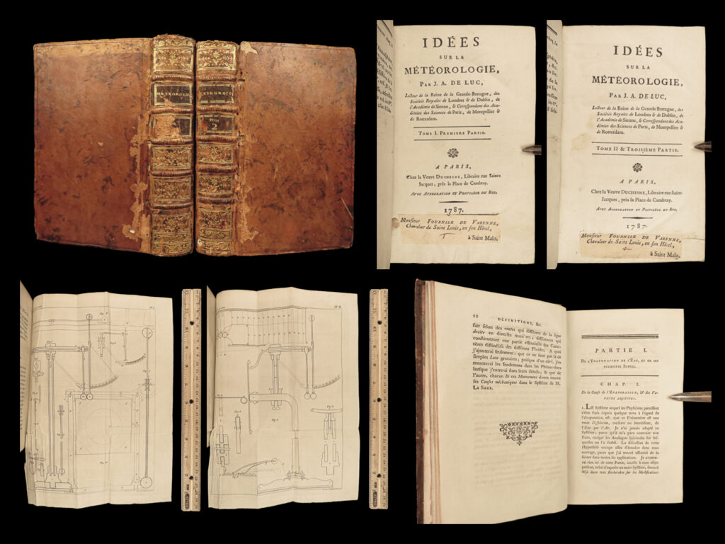 1787 meteorology & electricity experiments science swiss deluc + rare provenance | jean andre deluc was an 18<sup>th</sup>-century swiss naturalist who is primarily remembered for his studies in meteorology. His treatise “<em>ideas of meteorology</em>” covers a wide variety of topics relating to weather including hygrometry, fire and heat, fluids and electricity, atmospheric pressure, and much more. This fine, two-volume set includes two folding plates that demonstrate <strong><u>various electricity experiments</u></strong>!