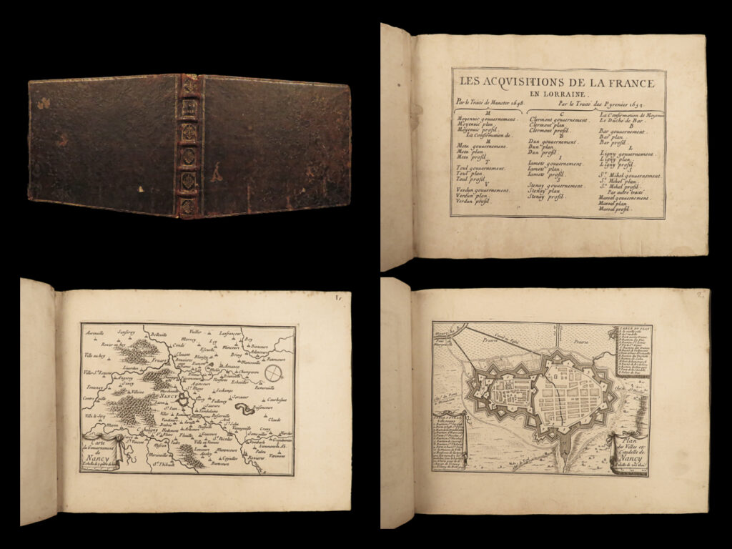 1660 atlas 1ed 44 maps of lorraine france nancy treaty of munster & pyrenees | a rare 17<sup>th</sup>-century edition collection of engravings of french city views from environs based on the towns involved in the treaty of munster of 1648 and the treaty of pyrenees of 1659. This work contains views and maps of the following cities: <ul> <li>stenay</li> <li>dun, ariege</li> <li>clermont</li> <li>bar</li> <li>ligny</li> <li>st mihel</li> <li>marsal</li> <li>moyenvic</li> <li>metz</li> <li>toul / nancy</li> <li>verdun</li> </ul>