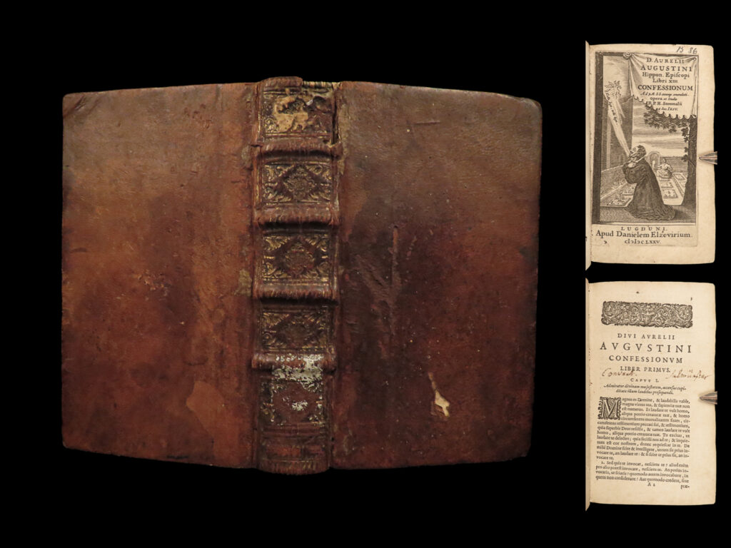 1675 confessions of saint augustine catholic & protestant bible theology elzevier |   augustine of hippo was a 5<sup>th</sup>-century early christian church philosopher and theologian. While most known for his work ‘<em>city of god’</em>, he also wrote many other treatises on aspects of the christian faith. His stance on free will vs. Predestination and fatalism was supported by and still is supported by, the catholic church, as his teachings on free will are consistent with modern doctrine.   one of augustine’s most important works was ‘<em>confessions’</em> – a collection of shorter treatises that were autobiographical in nature. In fact, because of this, it is often considered <strong><u>the very first western autobiography ever written</u></strong>.   this 1675 edition was published in lyon by the famed daniel elzevier, edited by henricus somallius.