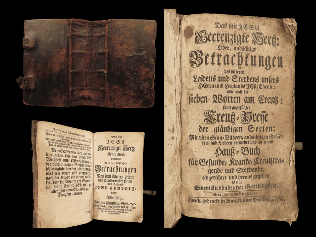 1770 german bible art devotional prayer emblems 7 last words of christ zurich | “<em>das mit jesu gecreuzigte hertz</em>” is a rare 18<sup>th</sup>-century german devotional filled with meditations and prayers. This huge tome offers reflections on the passion of christ, his suffering and death, with an emphasis on the seven last words of christ and commentary of each.