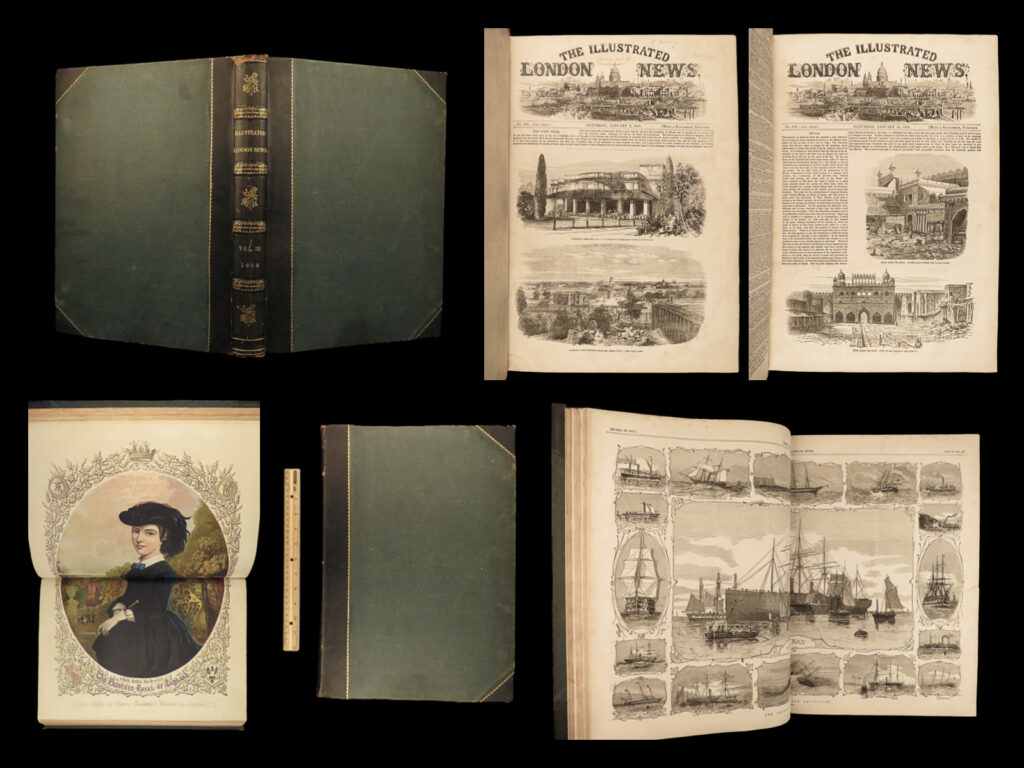1858 huge illustrated london news oregon slaves utah mormon war siege of delhi | a rare, mid-19<sup>th</sup>-century issue of ‘<em>the illustrated london news</em>’ – an enormous tome!   this series of issues from 1858 covers a wide variety of important topics; however, the entirety of topics included is too vast to include here. Nonetheless, some of the most important and interesting topics include: <ul> <li>united states news <ul> <li>treasury preparation to print 20m notes</li> <li>oregon state constitution adoption <ul> <li>slavery clause rejection</li> <li>free negroes to be prohibited from emigrating to the state of oregon</li> </ul> </li> <li>threatening and hostile attitude of mormons in utah <ul> <li>reports from utah war – battles between mormons and us forces</li> </ul> </li> <li>19 us army regiments divided into infantry, artillery, cavalry – posted strength of american arms</li> <li>illustrations of boston</li> </ul> </li> <li>sketches in china – hong kong, victoria harbor</li> <li>british troops in egypt</li> <li>the siege of delhi, after-effects and looted palaces</li> </ul>