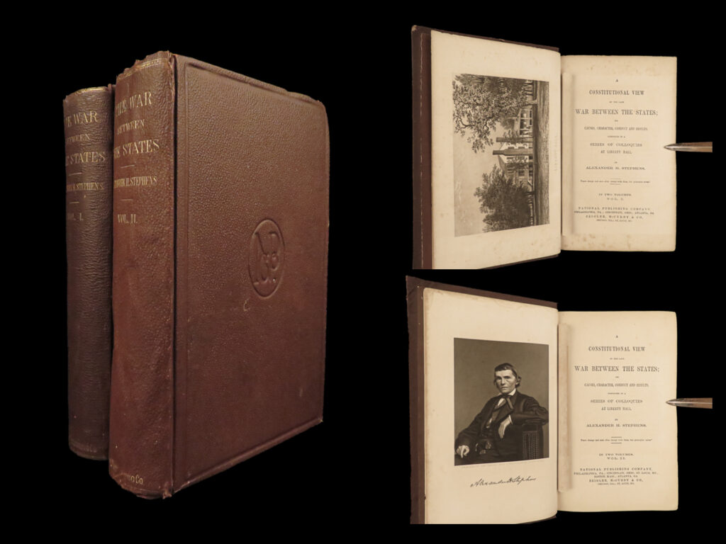 1868 law 1st ed constitutional view alexander stephens civil war confederate csa | <u>commentary on the united states constitution by the confederate vice president! </u> <em> </em> often considered the companion volume to jefferson davis’s ‘<em>rise and fall of the confederate government</em>’, alexander hamilton stephens’s ‘<em>a constitutional view of the late war’</em> is “the most elaborate and best argument for the constitutional validity of the doctrine of state sovereignty and the right of secession. ” (howes). Stephens heavily emphasizes the importance of state’s rights based on the articles of confederation and the united states constitution and that “it was devised for the states, by the states. ” (eicher). He claims throughout this work that the debaters who disagreed with him were mistaken in their facts; however, eicher notes that upon close inspection, stephens himself was incorrect on many of his beliefs toward the american governmental systems.   stephens’s views and loyalties changed throughout the civil war. Originally serving as vice president to the confederate president jefferson davis, stephens began to oppose many of davis’s war efforts. Eventually, stephens found himself back in the united states congress in 1873 following the success of this work.