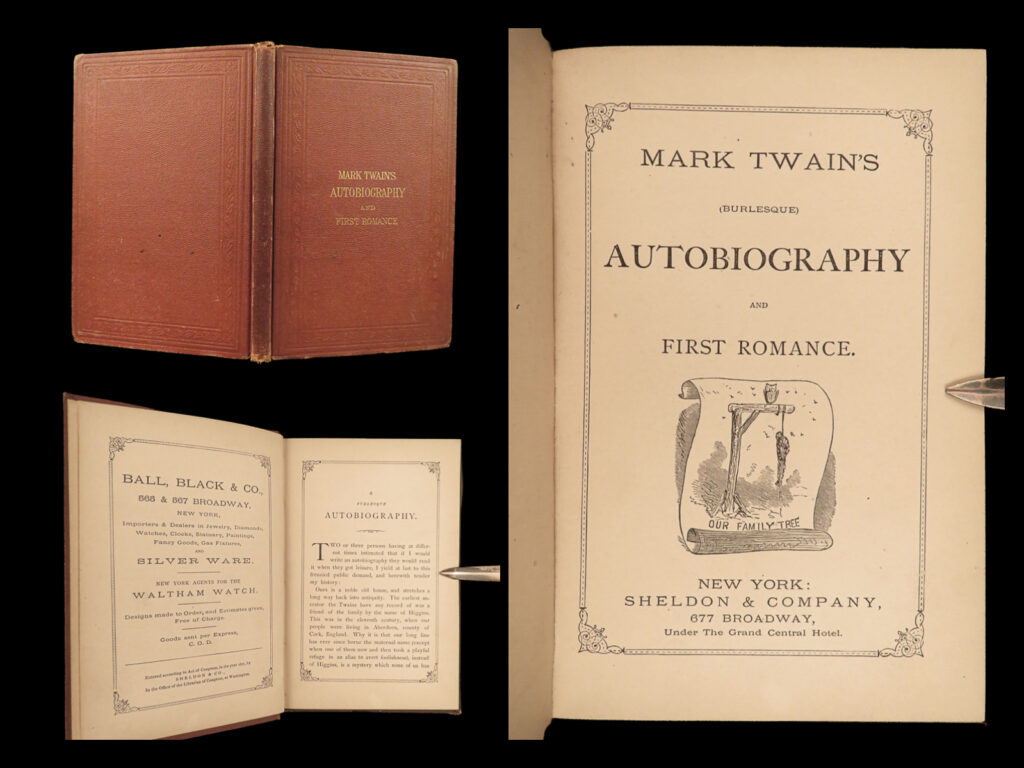 1871 mark twain 1st burlesque autobiography and first romance illustrated |   a scarce first edition of mark twain’s comedic work entitled, ‘<em>mark twain’s (burlesque) autobiography and first romance</em>. ’ a curious collection of two short fictional stories with no connection to twain’s real life. The first work is a humorous fabrication of twain’s heritage and the ridiculous characters in his family tree. The second work describes a bizarre fictional struggle for power amongst the nobility in europe.   this book is famous for its unexpectedly abrupt ending, the inexplicable inclusion of illustrations subtitled with the famous nursery rhyme, ‘<em>the house that jack built</em>,’ and twain’s personal disdain for the book following its publication. Two years after being published, <strong>twain famously bought the printing plates and destroyed them. </strong>