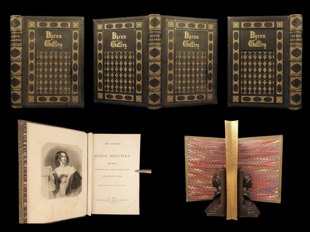 1867 lord byron beauties gallery women poetry don juan exquisite fine binding |   “<em>the gallery of byron beauties</em>” is a captivating collection showcasing the enchanting female characters in lord byron’s poetry. The book pairs these beautifully illustrated portraits, engraved on steel, with the corresponding verses from byron’s poems. This exquisite compilation features characters like zuleika, donna julia, and the maid of athens, among others, enclosed within a decorative leather binding. Authored by george gordon byron, a key figure of the romantic movement, this collection offers an artistic representation of his most profound works and beautifully captures the essence of his poetic heroines.