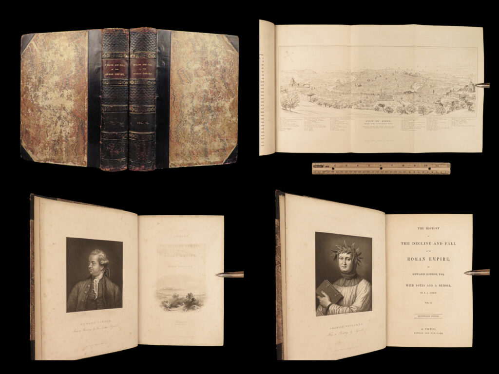 1880 famed edward gibbon roman empire decline & fall of caesar rome illustrated | <em>“lo, there appeared a truly classic work: a history not majestic like livy, nor compressed like tacitus; not stamped with character like clarendon; perhaps not so deep as robertson’s ‘scotland,’ but a thousand degrees above his ‘charles’. ”  </em> – allibone<em>, </em>on gibbon’s<em> ‘history’</em> <em> </em> originally printed in 1776, “<em>the history of the decline and fall of the roman empire</em>” was written in six volumes by edward gibbon. It has maintained its status as <strong><u>one of the most important literary achievements of the 18<sup>th</sup>-century</u></strong> and saw numerous editions. This book’s popularity was partly due to it becoming the model used by modern historians and historical authors. This led to gibbon being considered the first modern historian on the roman empire. <em> </em> important contents include: <ul> <li>gibbon’s religious, or secular, views on the quran and mohammed</li> <li>the advancement of christianity leading to the demise of rome</li> <li>christian martyrdom and rise of paganism</li> </ul>