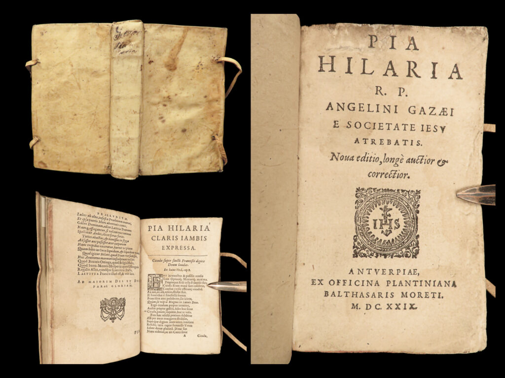 1629 saint hilary poitiers early church pia hilaria gazet jesuit plantin press | hilary of poitiers was a 4<sup>th</sup>-century church father known for his biblical commentaries and exegesis on books of the bible. He also wrote numerous historical works and works on the development of the church. While his works have largely been supplanted by more recent church fathers, his works remained pertinent to church and biblical history until saint ambrose and saint augustine superseded hilary.   author angelin gazet published a work on the life and writings of hilary, this edition published in 1629 antwerp by plantin and balthasar moreti.